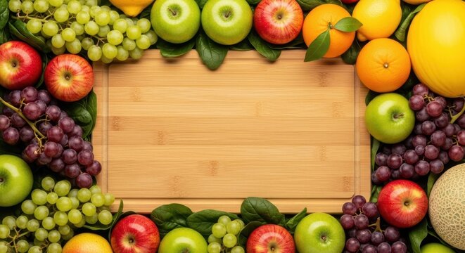 Nature's Harvest: An assortment of vibrant fruits encircles a wooden surface, forming a colorful border that invites the viewer to appreciate the beauty of nature's bounty.