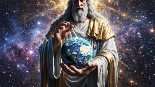 Bearded man holds earth, set against a starry space background, bathed in golden light