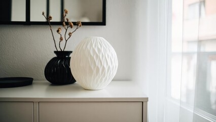 A white textured spherical lamp sits on a white cabinet beside a black vase with dried branches. Concept Textured spherical lamp, White cabinet, Black vase, Dried branches, Minimalist decor
