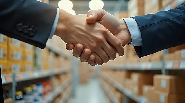 Photorealistic conceptual image of two business people shaking hands above neatly arranged rows of packaged goods, symbolizing trust, reliability, and partnership in supply chains, clean commercial li