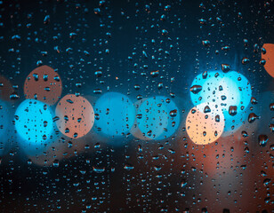 Rain droplets on window glass with city bokeh