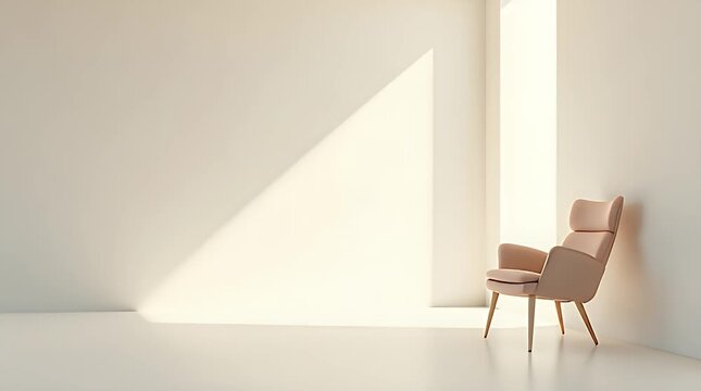 Minimal interior scene with one chair placed far from walls, large empty negative space, soft natural light entering from one side, neutral color palette, concept of mindful living, intentional space,