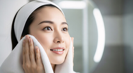 Serene Asian woman with a white headband gently touching her face with a soft towel after cleansing, promoting skincare and self-care.