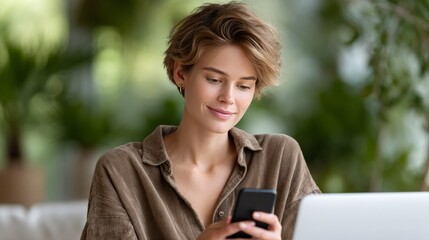 Young caucasian female using smartphone with laptop in modern home office