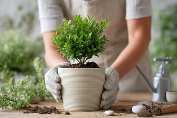 Young caucasian adult female gardening with potted plant indoors