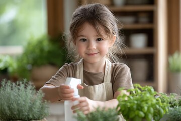 Caucasian child caring for indoor plants with spray bottle in bright kitchen