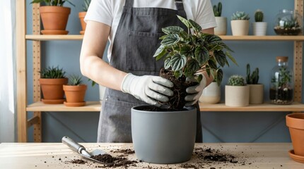 Young caucasian adult repotting indoor plant in stylish home garden setup