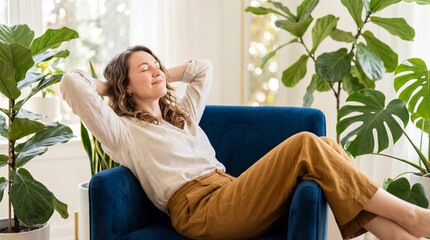 Young caucasian female relaxing on blue armchair in bright living room with indoor plants