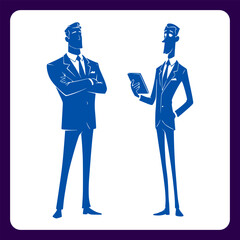 Businessmen Discussion Concept Flat Vector Illustration of Two Professional Men Talking with Tablet, 2D Vector Motion Graphic Illustration for Animation, Web, Poster Designs
