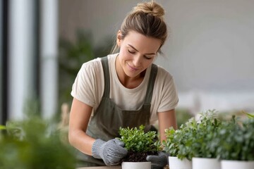 Young caucasian female gardener caring for potted plants indoors