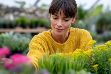 Young caucasian woman enjoying gardening in a greenhouse with colorful flowers