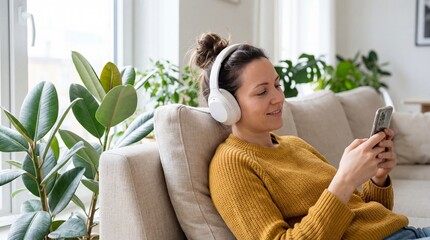 Young caucasian female relaxing with headphones and smartphone on cozy couch