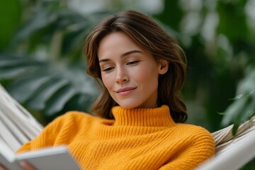 Young caucasian female reading in relaxing turtleneck sweater outdoors