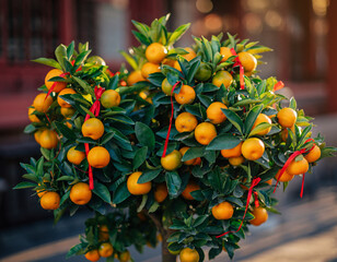 Close up of kumquat tree branch with red ribbons