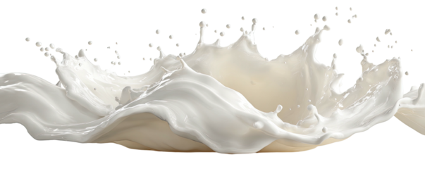 Milk splash with dynamic motion, flowing liquid, isolated on black backdrop