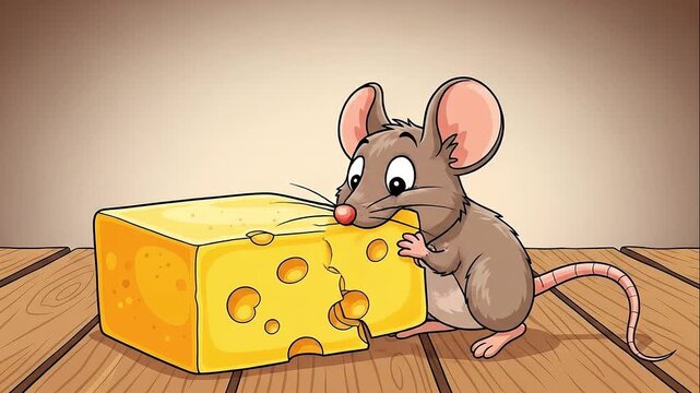 Cute Animated Mouse Enjoying a Big Block of Yellow Swiss Cheese