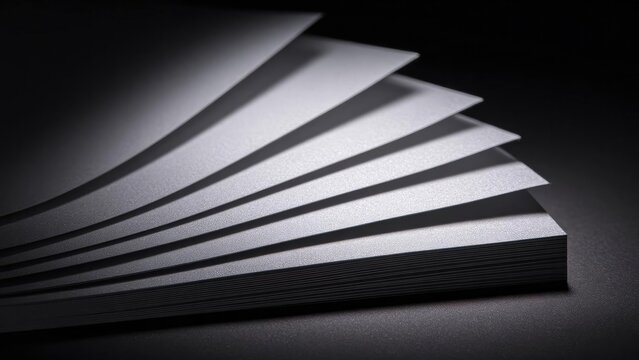 A stack of white paper sheets fanned out in a curved pile. Concept Clean Minimalism, Fanned White Paper Stack, Curved Sheet Arrangement, Monochrome Studio Still Life