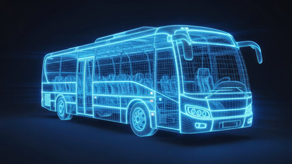 Futuristic Blue Wireframe Bus Design on Black Background.