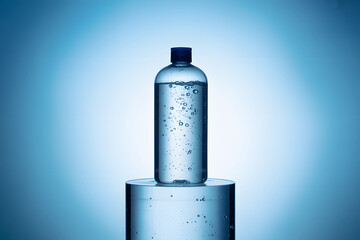Clear Liquid Bottle with Bubbles on a Pedestal Against Blue Gradient Background