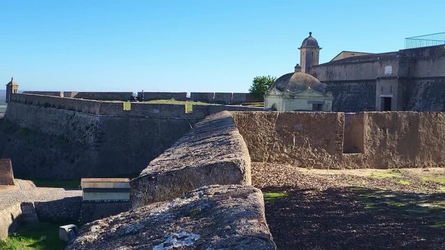 Santa Luzia Fort. Elvas. Portugal. Panoramic view of fortified walls and watchtowers. Bastioned military fortress.