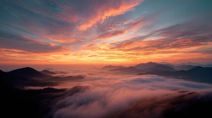 Obraz premium An enchanting sunrise illuminates the clouds above a majestic mountain range. The colors of the sky blend harmoniously, creating a breathtaking and serene vista