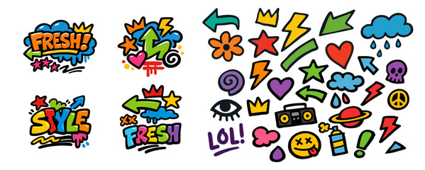 Set of colorful graffiti stickers and urban doodles featuring 'Fresh' and 'Style' text, stars, hearts, and various street art symbols.