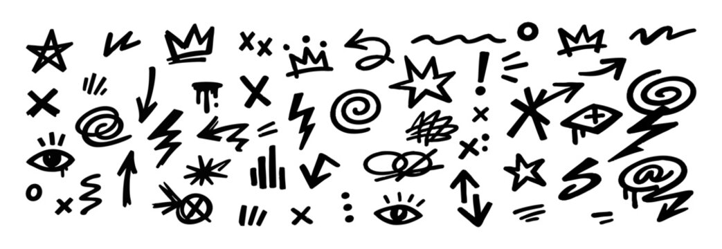 Collection of black hand-drawn graffiti doodles and street art symbols like arrows, stars, and crowns isolated on a white background.