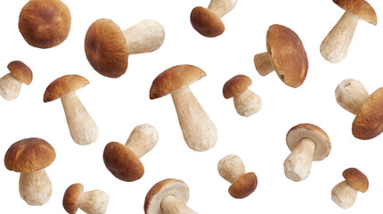 a scattering of fresh porcini mushrooms with brown caps and thick stems, artfully arranged on a transparent background.