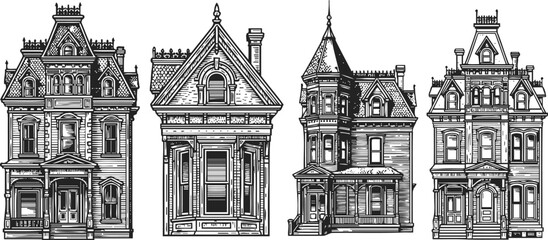 Detailed victorian houses vector set ornate old architecture facades with intricate windows and roofs classic vintage buildings in black and white