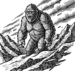 Bigfoot creature walking on mountain ridge with snowy peaks and cloudy sky background in black and white