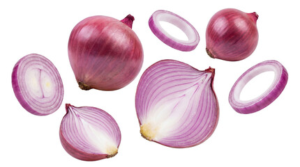 a whole red onion and sliced rings, isolated on a transparent background, showcasing the crisp layers and vibrant purple hue for culinary use.