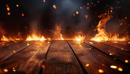 Warm Glowing Embers Dance Across A Rustic Wooden Surface With Fiery Flames And Smoke In The Background