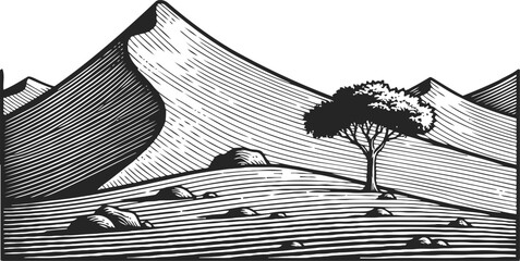 black and white landscape with mountain, tree, hill, and rocks in engraved vintage
