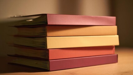 A stack of pastel-colored notebooks with fanned pages on a wooden surface. Concept Pastel notebooks, Fanned pages, Wooden surface, Stationery stack, Soft color palette