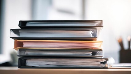 A neat stack of binder folders filled with documents on a desk. Concept Office desk, Binder folders, Documents, Organized workspace, Professional setup