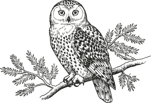 Detailed black and white illustration of an owl perched on a leafy tree branch