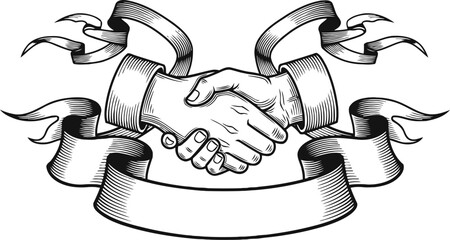 Vintage handshake emblem with decorative swirling ribbons and empty banner design