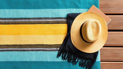 Obraz premium Straw sun hat rests on a black scarf atop a colorful striped beach towel spread on a wooden deck. Concept Straw Hat, Black Scarf, Colorful Striped Beach Towel, Wooden Deck, Beach Accessories