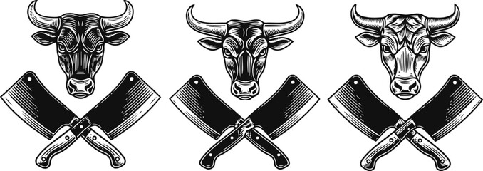 intricate bull head designs with crossed meat cleavers, vintage butchery emblem set in black and white