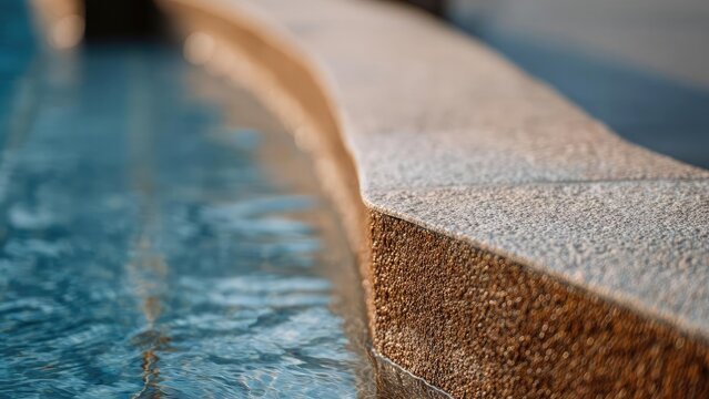A close-up of a pool edge with blue water to the left and a textured concrete coping curving along the rim. Concept Pool Edge Close-Up, Blue Water, Textured Concrete Coping, Curved Rim