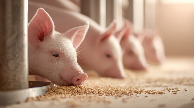 A row of cute piglets enjoying their meal in a farm setting. They are huddled together, eating grain. 