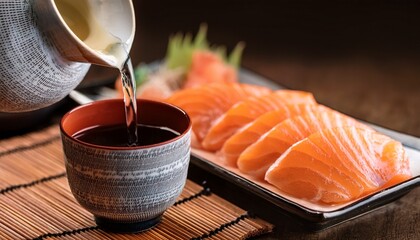 Sake Poured Into Ochoko Traditional Cup With Salmon Sashimi In The Background Traditional Japanese Food And Drink