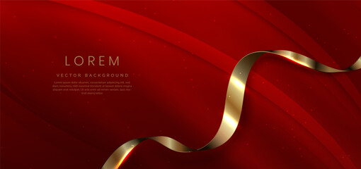 Abstract 3d template red background with gold lines curved wavy with copy space for text. Luxury style.