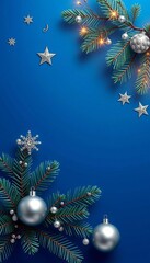 Elegant Christmas design with silver baubles, stars, and fir branches on blue ,  festive,  glass balls