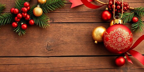 Elegant gold and red Christmas decoration set on rustic wood,  decoration set,  garland