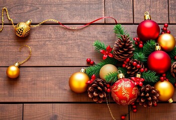 Elegant gold and red Christmas ornaments, garland, and pine cones on rustic wood, shiny, traditional
