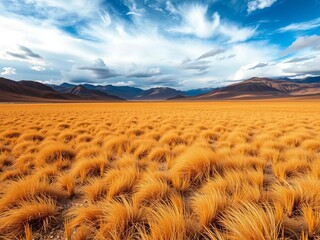 Golden grassland stretches to distant, rugged hills beneath a dramatic, cloudy sky on the Tibetan Plateau, tibet plateau,  yellow grass