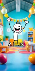 Joyful stick figure jumping with excitement in a vibrant preschool setting,  education,  playful