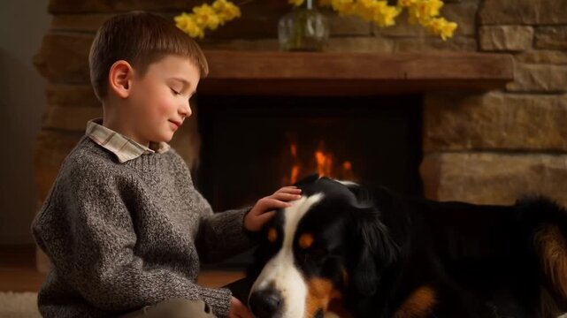 A boy in a sweater sits with his bernese mountain dog by a fireplace with yellow mimosa branches on the mantel in warm firelight, concept of cozy family celebration and women's day warmth at home