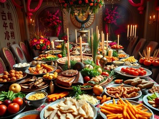 Opulent banquet table overflows with a vibrant spread of meats, fruits, and vegetables, set for a joyous celebration,  festive,  gathering